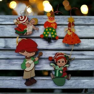 5 Vintage Painted Wood Christmas Ornaments Flat Whimsical Kitschy Die Cut Wooden